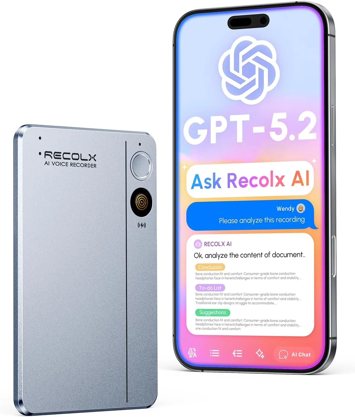 RECOLX AI Voice Recorder & Transcriber with GPT-5.2 Analysis (Silver Grey)