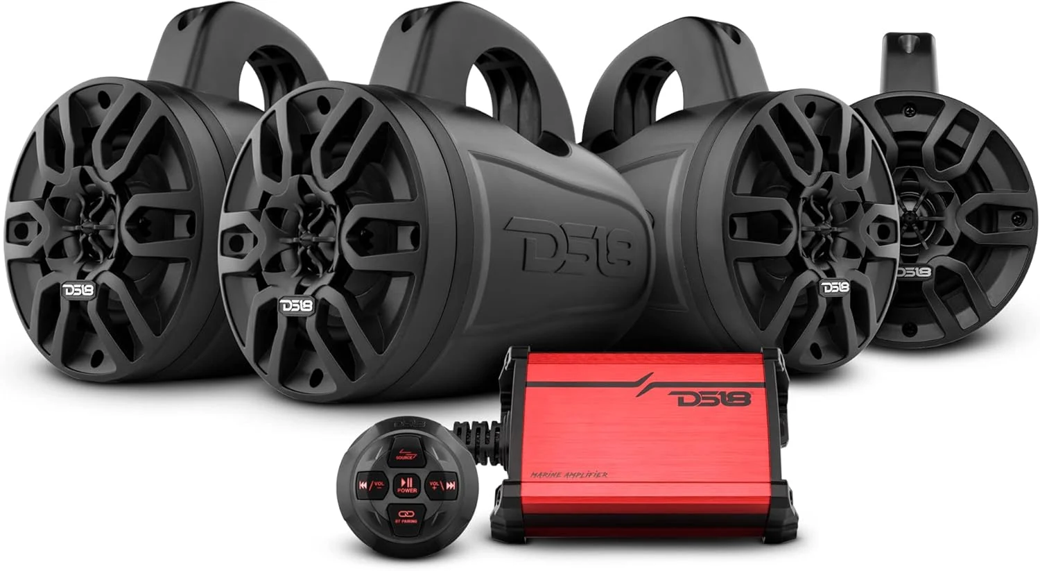 DS18 MP4TP.4A 4" 600W Bluetooth Marine Tower Speakers with Amplifier and Remote