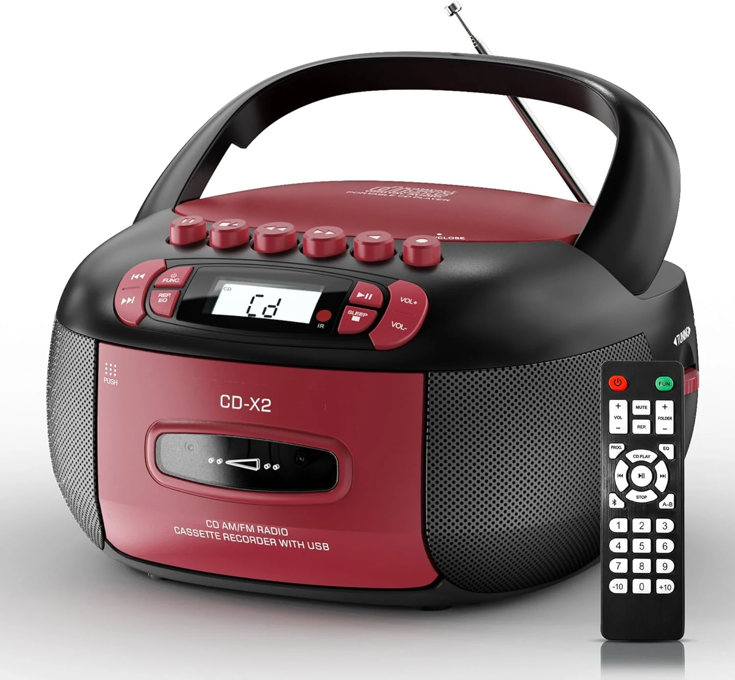 Kuephom Boombox CD Cassette Player Combo Bluetooth, Radios & Remote Control | AM/FM, AUX/USB MP3, Tape Recording/Sleep Timer/Earphone Jack, DC/AC Powered for Home, Outdoor, Red