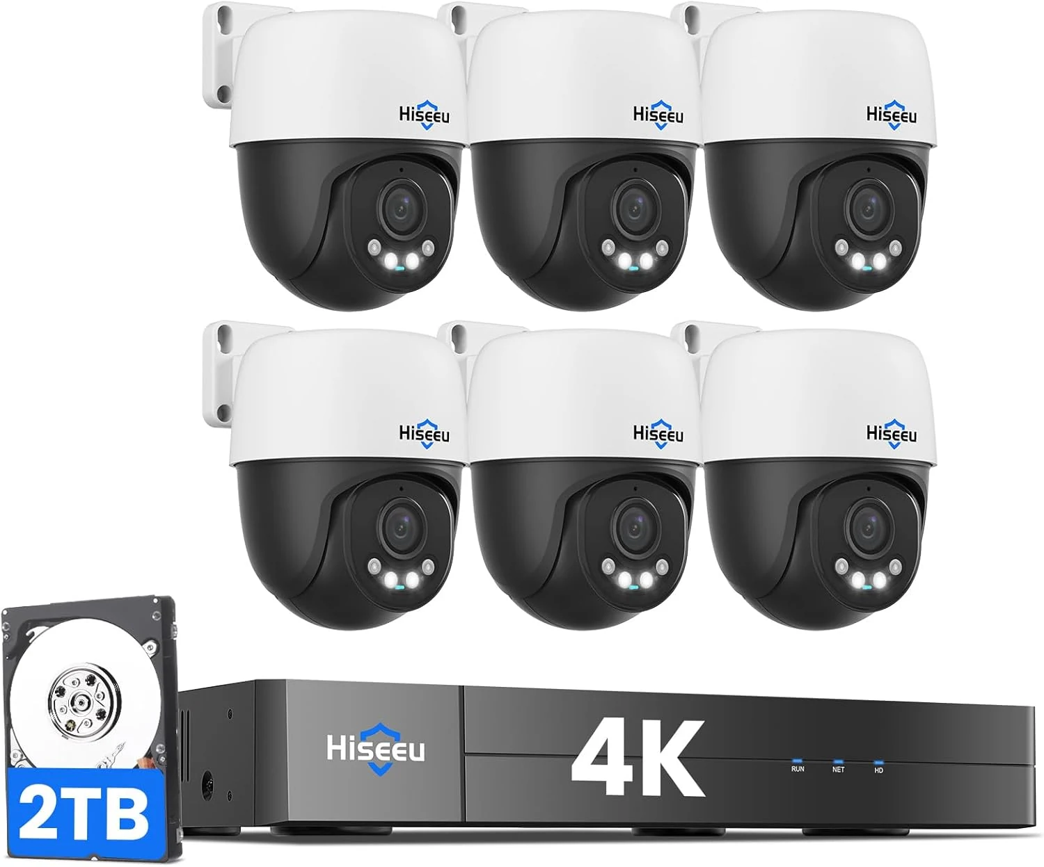 Hiseeu 4K PoE Security Camera System (6-Pack) with 360° PTZ, Auto Human Tracking, 2TB HDD