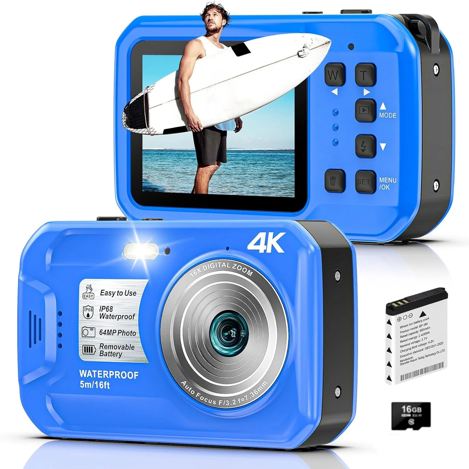 4K Underwater Camera, 64MP 16FT Waterproof Digital Camera with 16GB