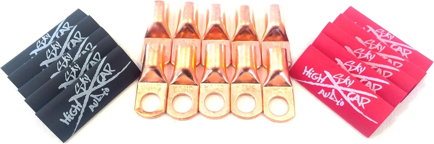 (10) 4 Gauge Copper Ring Terminals 3/8" Red/Black Heat Shrink Tubing Lugs