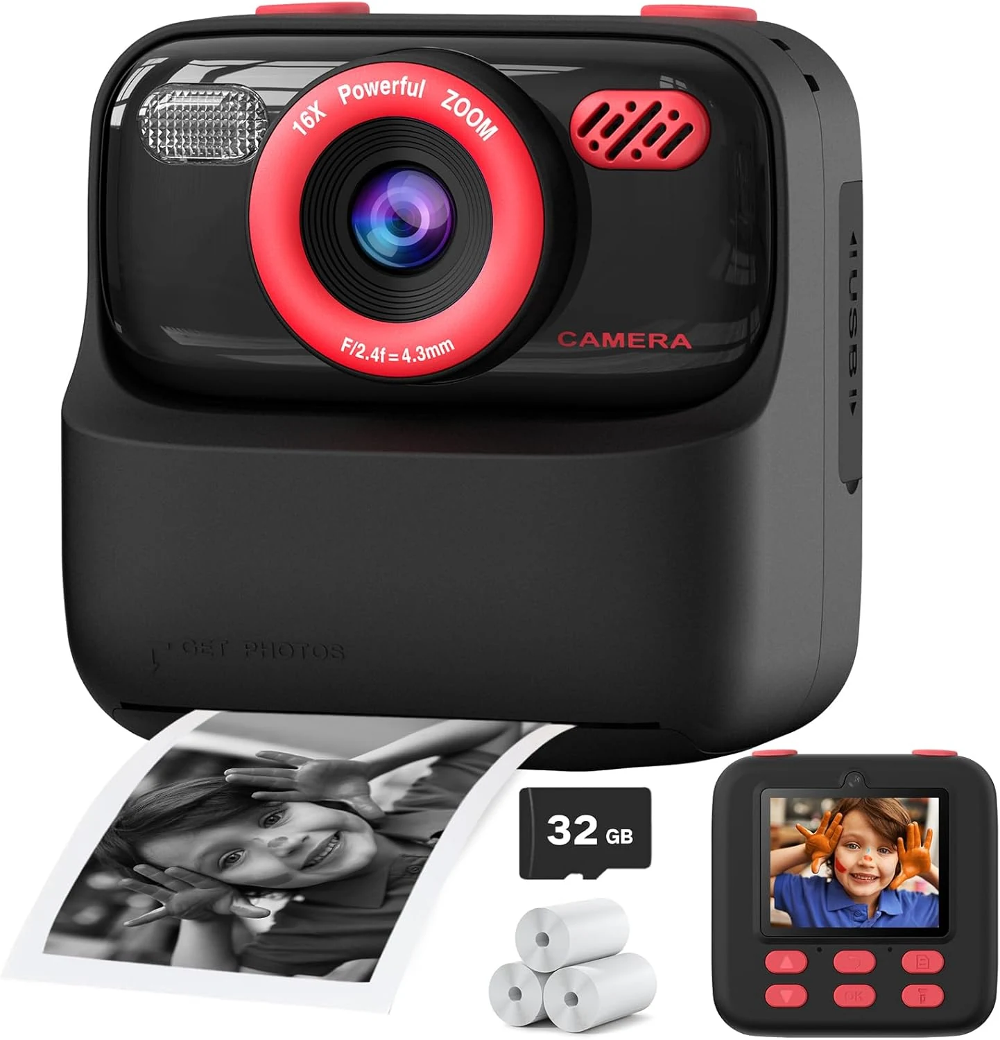 Kids Instant Digital Cameras for Boys and Girls, 1080P HD Dual-Lens Selfie Digital Camera with Print Paper & 32G Card