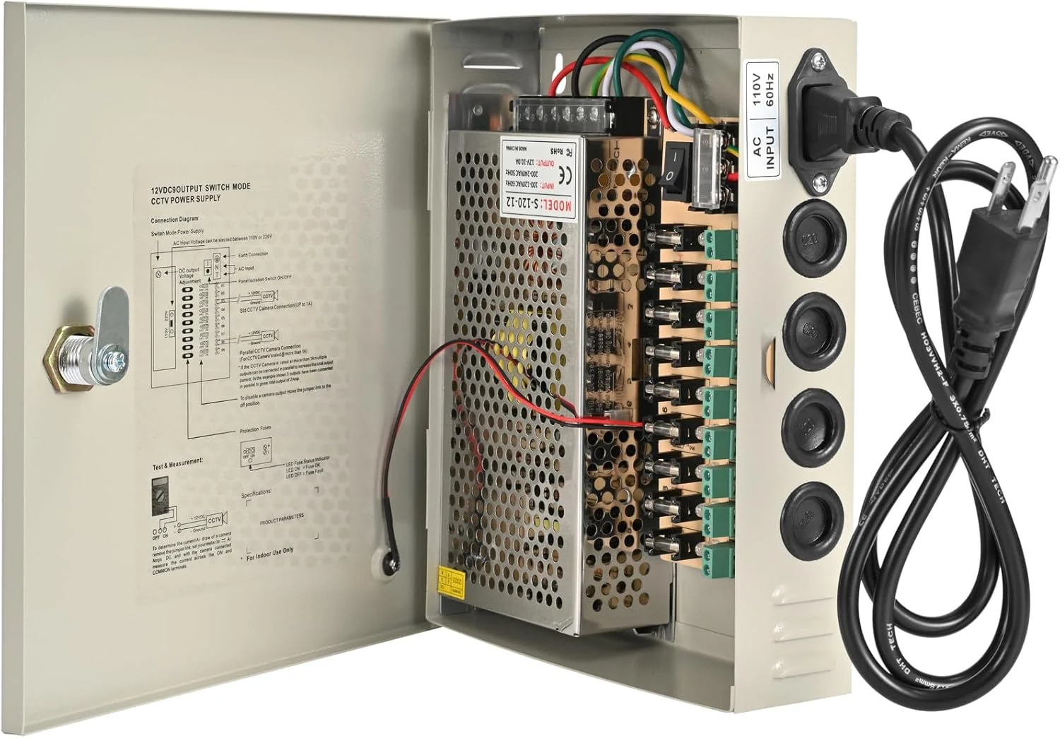 CCTV Power Supply Box 9 Channel 12V 10A, Lockable Metal Power Distribution with Resettable Fuse for Security Cameras DVRs