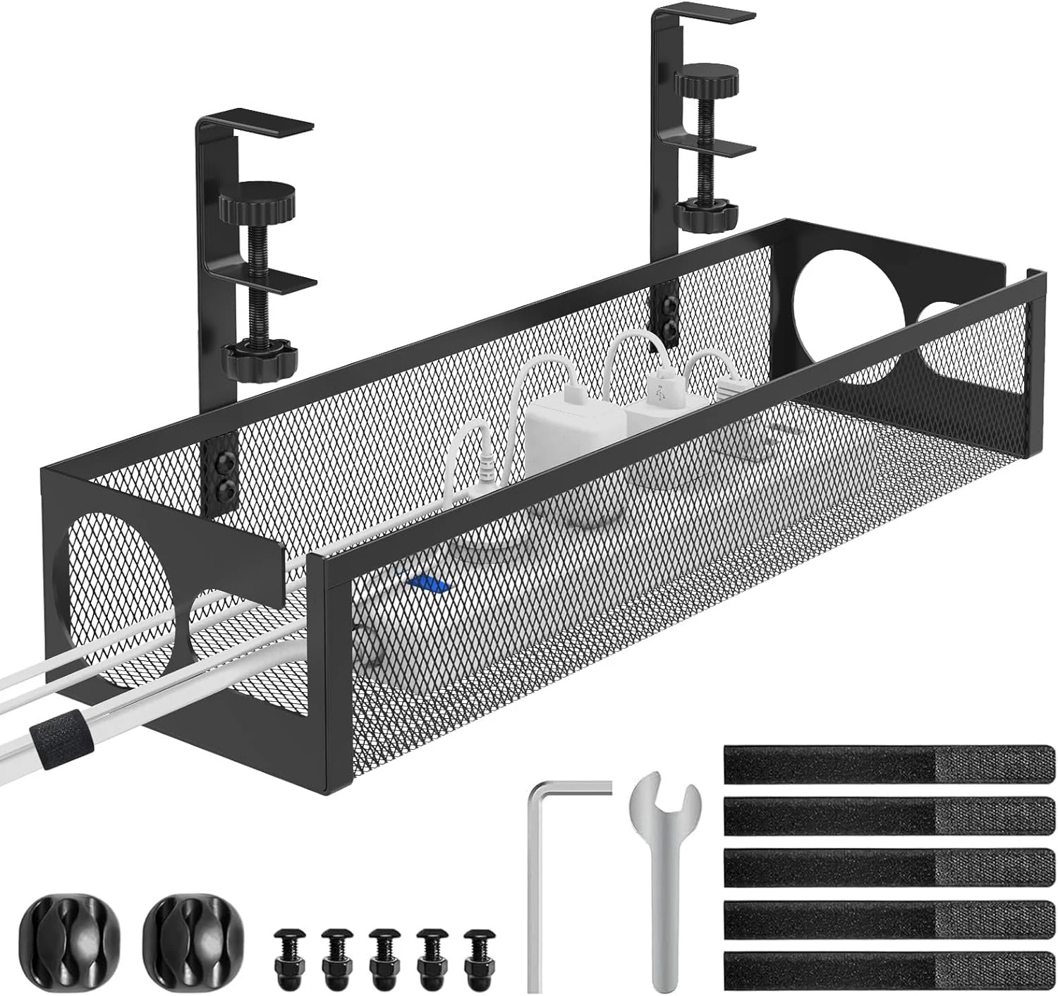 REFLYING Under Desk Cable Management Tray (No Drill) 15.1\u2032\u2032 Metal Mesh Cable Raceway, Adjustable Tray with Hybrid Side Slots