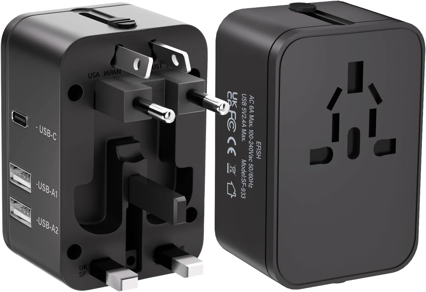 EFISH Travel Plug Adapter with 2 USB A+1 USB C