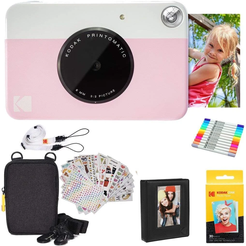 Kodak Printomatic Instant Camera (Pink) Gift Bundle + Zink Paper (20 Sheets) + Deluxe Case + 7 Fun Sticker Sets + Twin Tip Markers + Photo Album + Hanging Frames