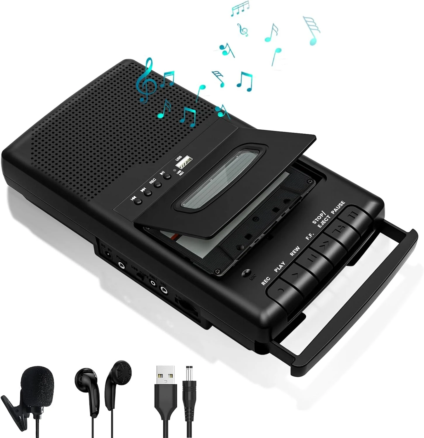 Portable Cassette Player Tape Recorder with Standalone Mircophone, Retro Tape to USB Digital Converter with 3.5MM Earphone Jack, Play/Record/Digitize Cassettes, Carrying Handle | Multifunctional