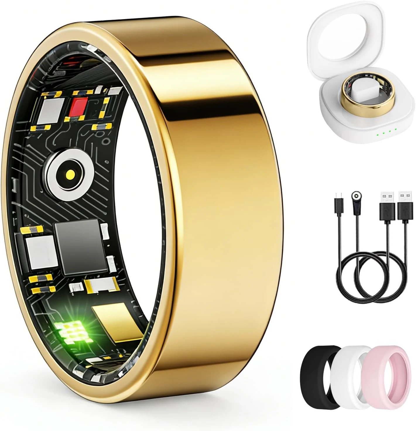 Smart Ring for Women & Men, Health Tracker Ring with Heart Rate, Blood Oxygen, Blood Pressure, IP68 Waterproof Fitness Ring, Sleep Tracker for iPhone and Android, No APP Fee (Gold, 7#)