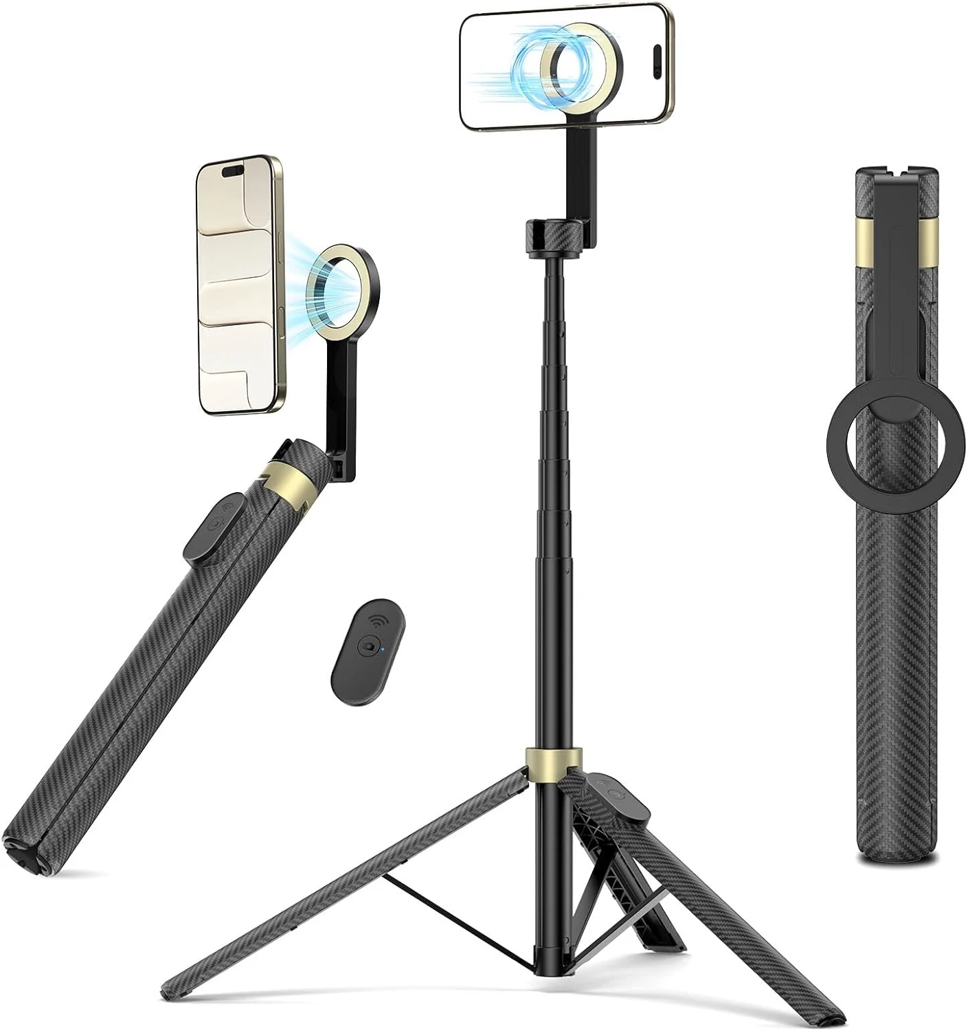 Vimose Monopod Magnetic Tripod for iPhone, Mini Selfie Stick Tripod for Magsafe, 360° Rotatable Portable Travel Tripod Cell Phone Stand with Metal Ring & Remote, Compatible with iPhone Android, 65"