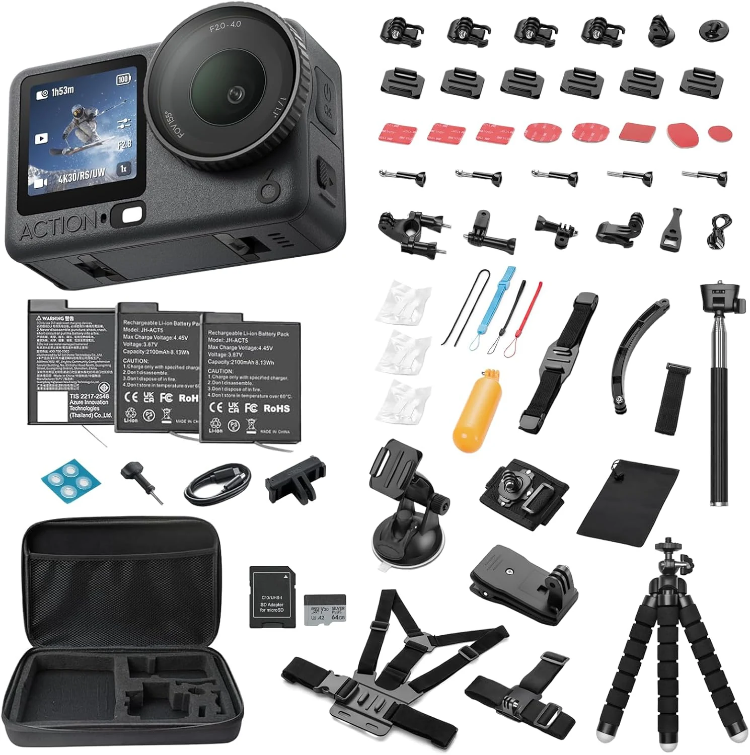 DJI Osmo Action 6 8K Waterproof Action Camera Bundle, 1/1.1" Square Sensor, 50GB Built-in Storage, Original Essential Combo + 58 Piece Accessory Kit + 2 Extra Batteries + Extra 64GB Card