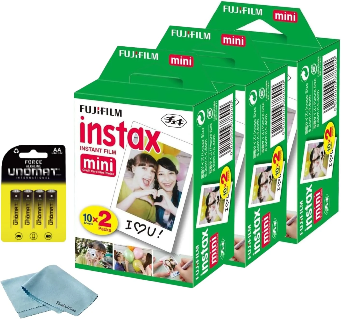 Fujifilm Instax Mini Instant Film, 60 Shots (10 Sheets x 6) + Cleaning Cloth & 8 AA Batteries