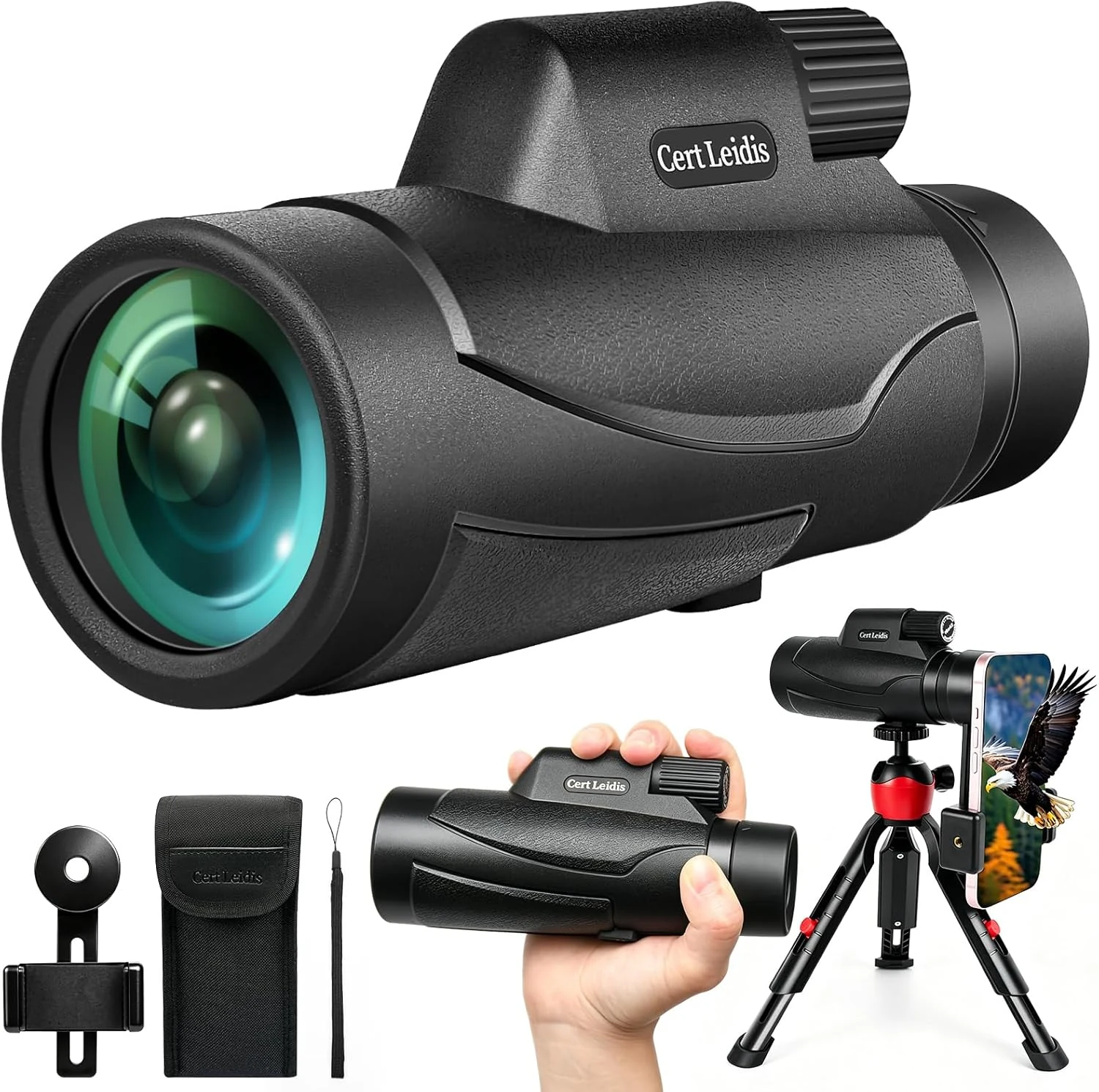 Monocular Telescope 10x42 HD for Adults with Tripod & Phone Adapter (BAK-4 Prism, FMC, IPX7)