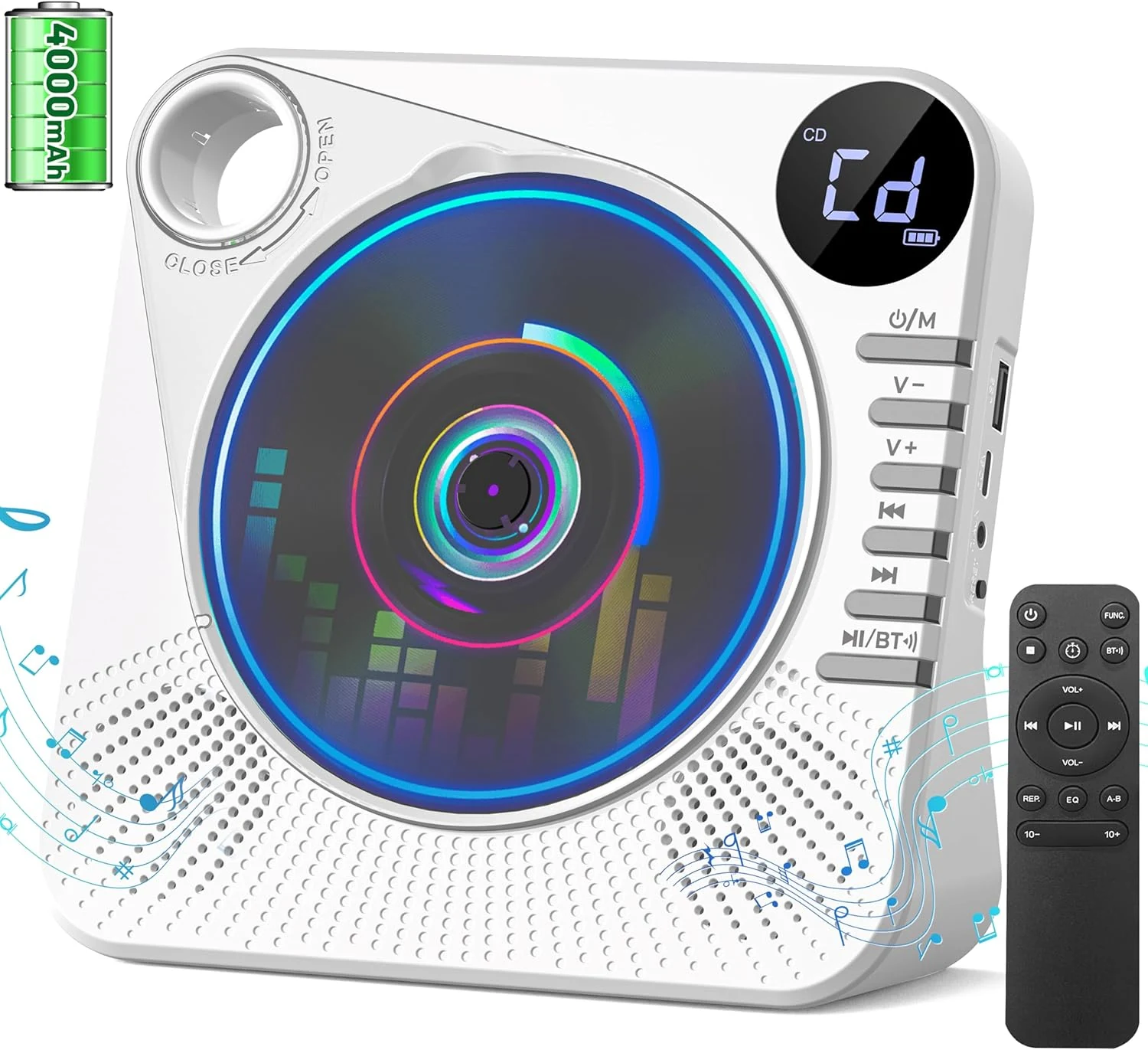 Gracioso 4000mAh Rechargeable Portable CD Player with Bluetooth