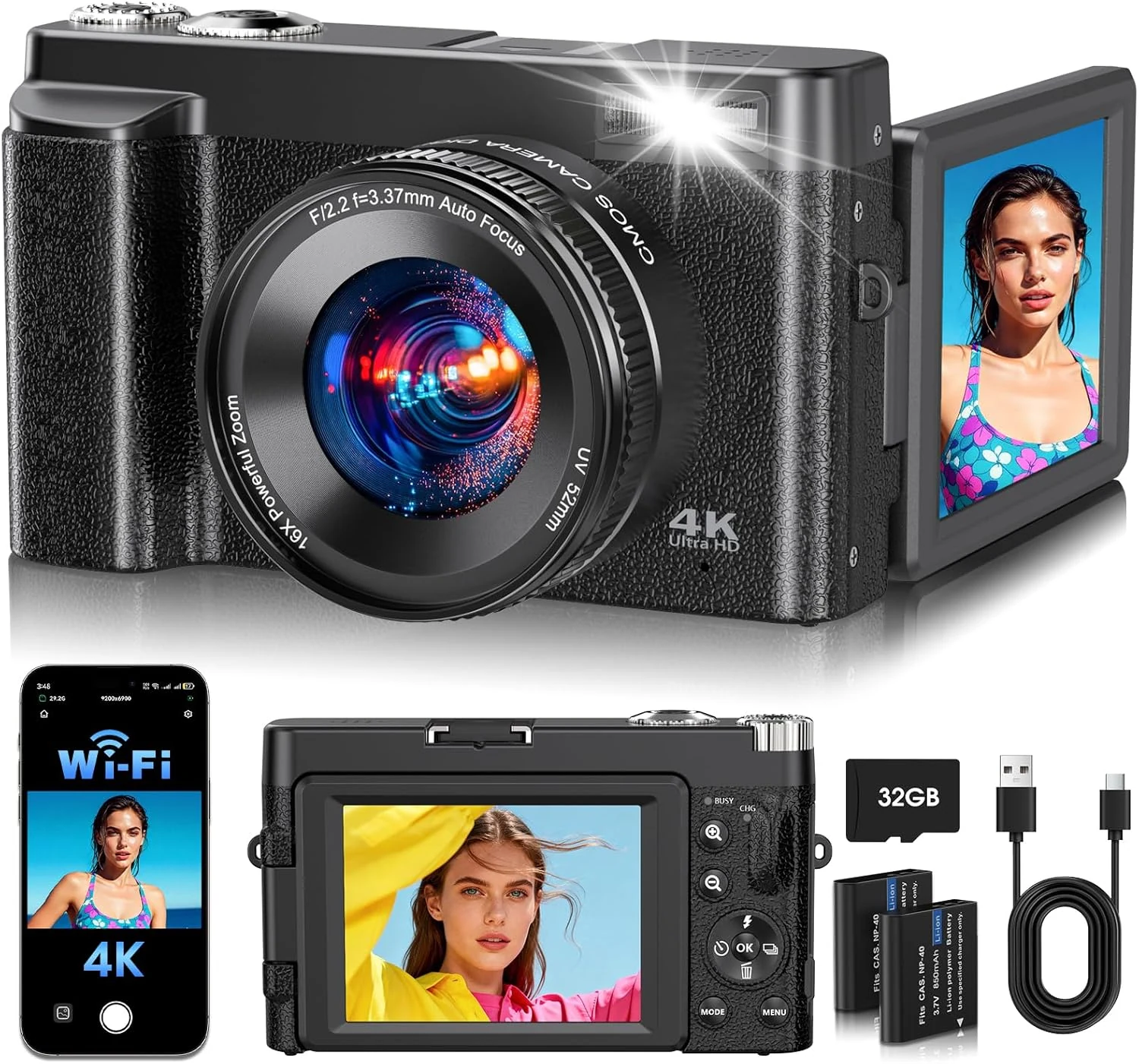 TESFOT 4K Digital Camera for Photography, 2026 Latest WiFi 64MP Vlogging Camera
