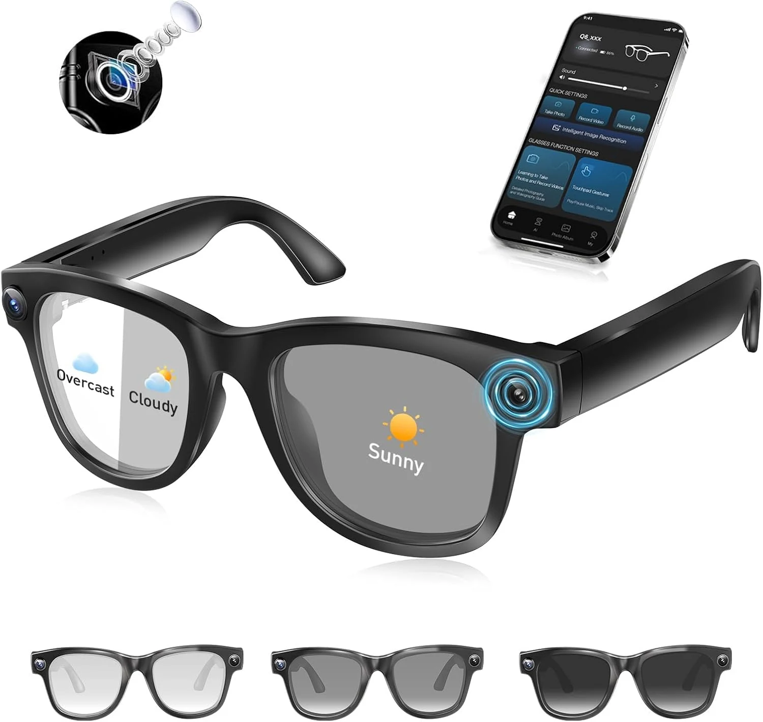 AI Smart Glasses with 4K Camera & Audio | Bluetooth Video Recording Sunglasses with ChatGPT Translation, Voice Control, EIS Stabilization, Object Recognition (Black-Q6)