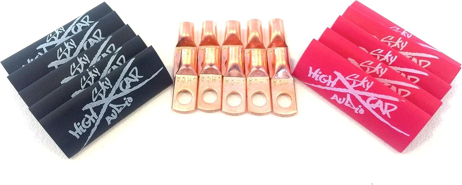 (10) 4 Gauge Copper Ring Terminals 1/4" Red/Black Heat Shrink Tubing Lugs