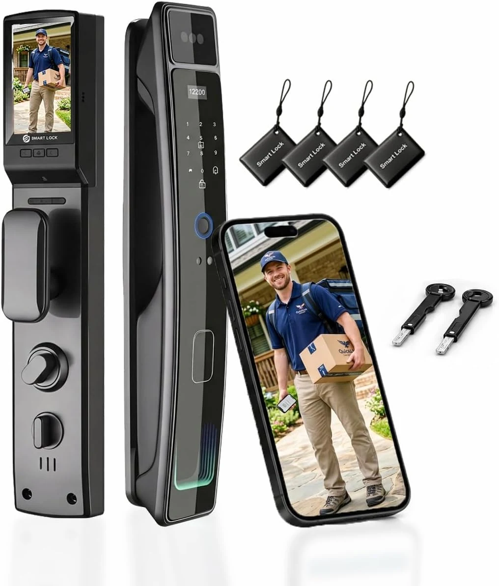 Smart Door Lock with Camera & 3D Face Recognition, Keyless Entry Door Lock with Fingerprint, Password, IC Card, App Control & Doorbell (Usmart App)