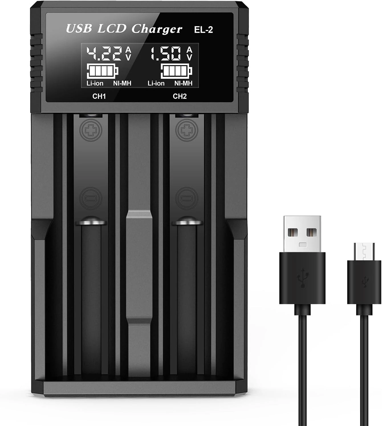 18650 Battery Charger, 2 Bay Rechargeable Batteries Charger with Smart LCD Display
