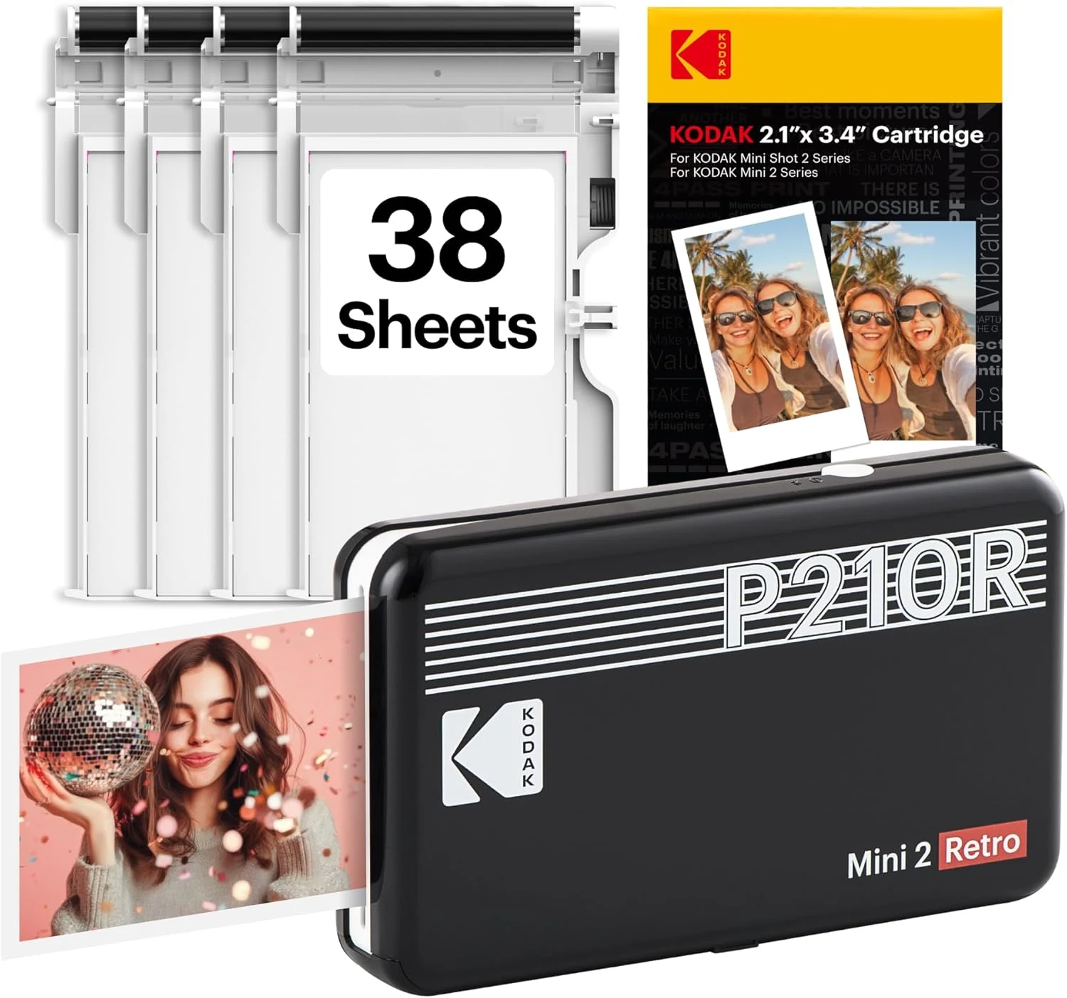 KODAK Mini 2 Retro 2x3" Portable Photo Printer, 38 Sheets, Bluetooth Smartphone Printer for iPhone & Android, Instant Color Prints, 4PASS Dye Sublimation, Black