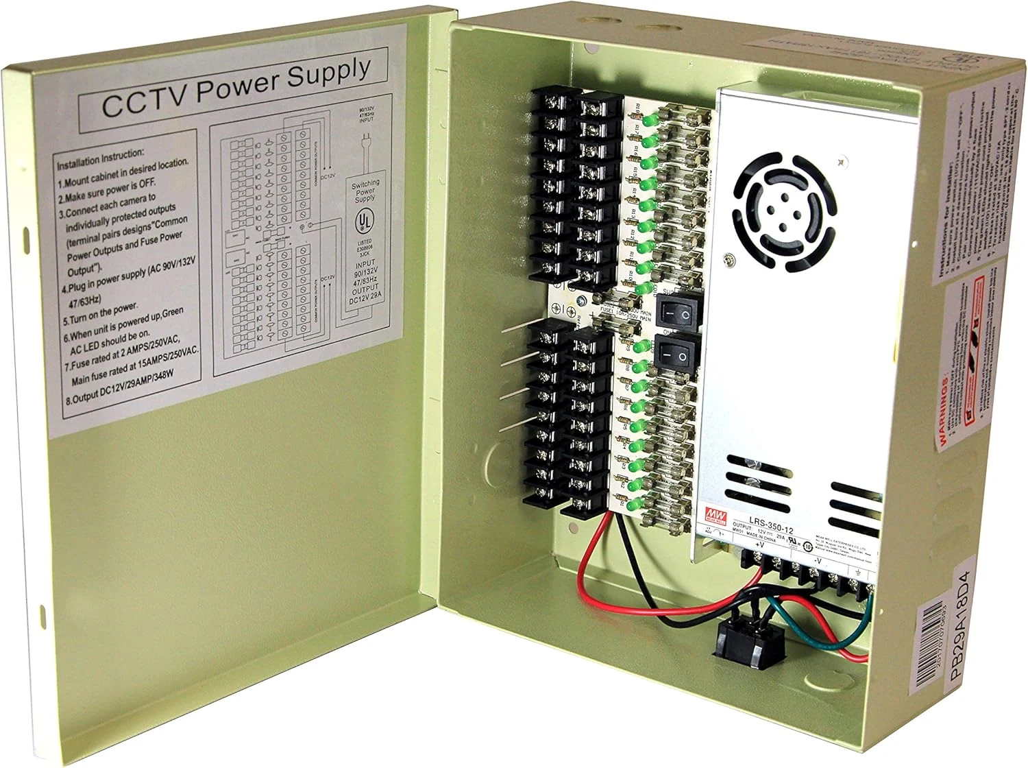 18 Output 29 Amp 12V DC CCTV Distributed Power Supply Box for Security Camera, UL Listed
