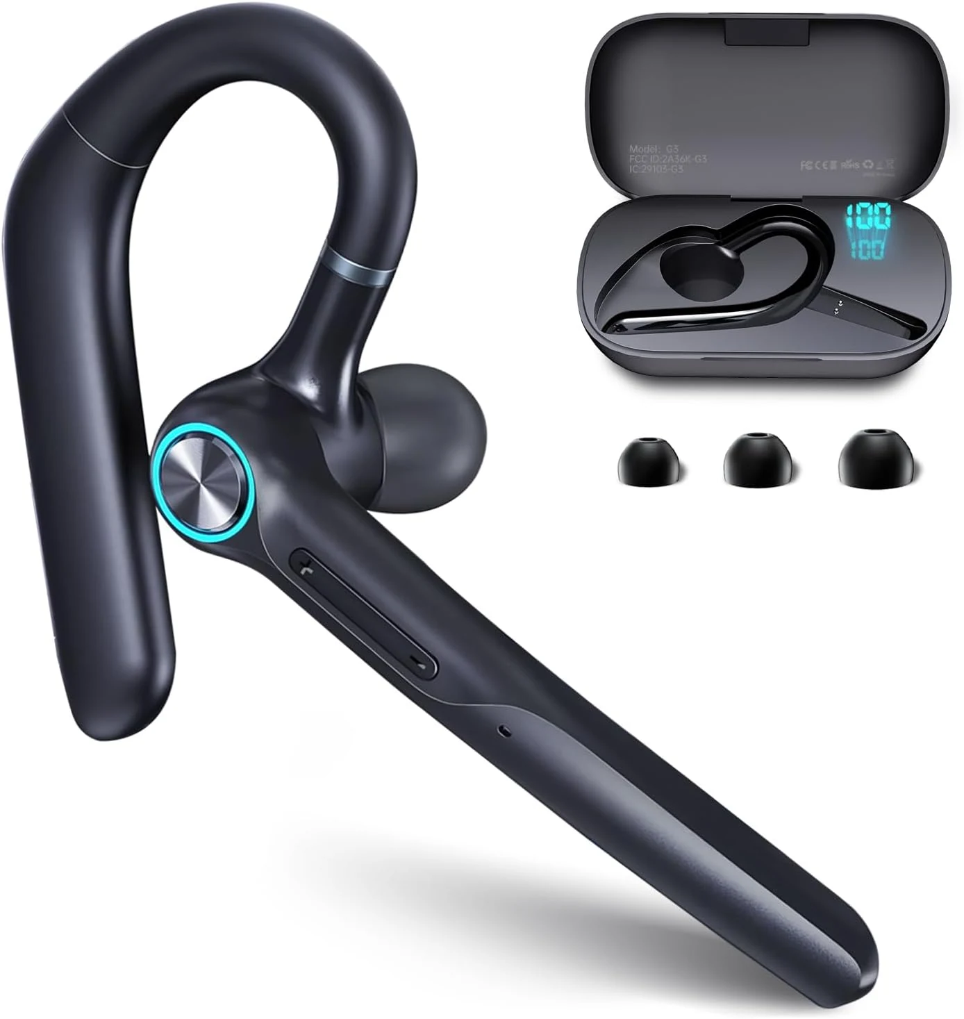 ONE LIFE Bluetooth Headset with Microphone, Bluetooth Earpiece for Work, Wireless Headset with Mic, 15H Talk Time, 500mAh Charging Case, Bluetooth 5.3, LED Display for Office, Laptop, Phone, Driving