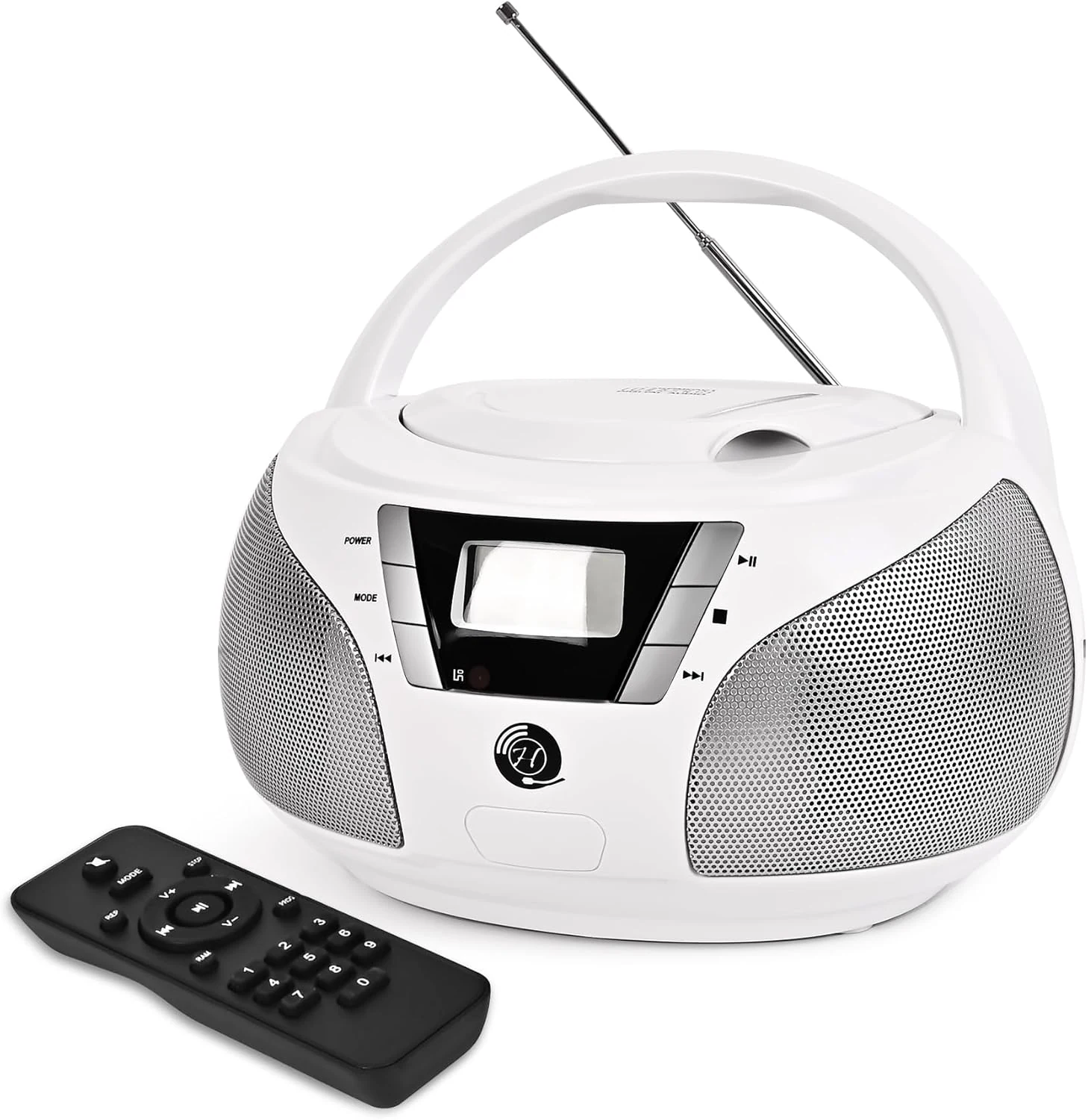 Herneum Portable CD Player Boombox with Bluetooth, FM Radio, USB Playback, Stereo Sound, Remote Control (White)
