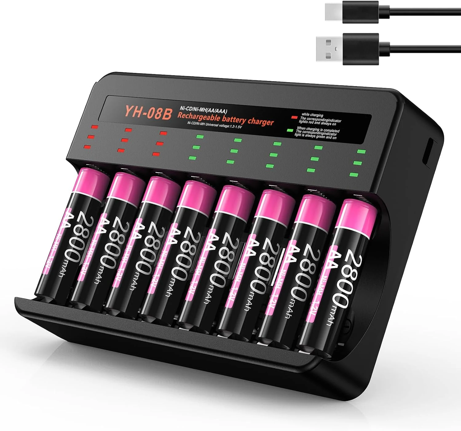 Rechargeable AA Batteries with Charger, 8PCS 2800mAh High Capacity AA Batteries with 8 Bay LED Lights AA AAA Battery Charger (BOANV)