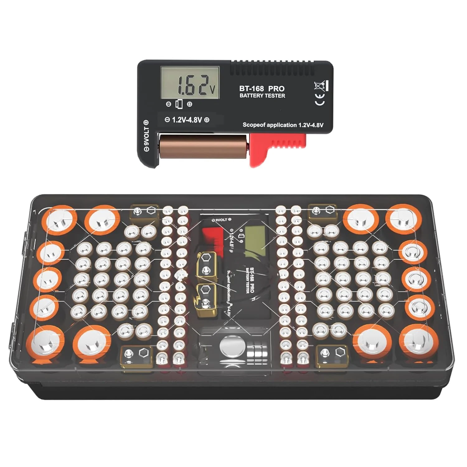ABUNRO battery organizer storage case with tester, stores & protects up to 136 batteries