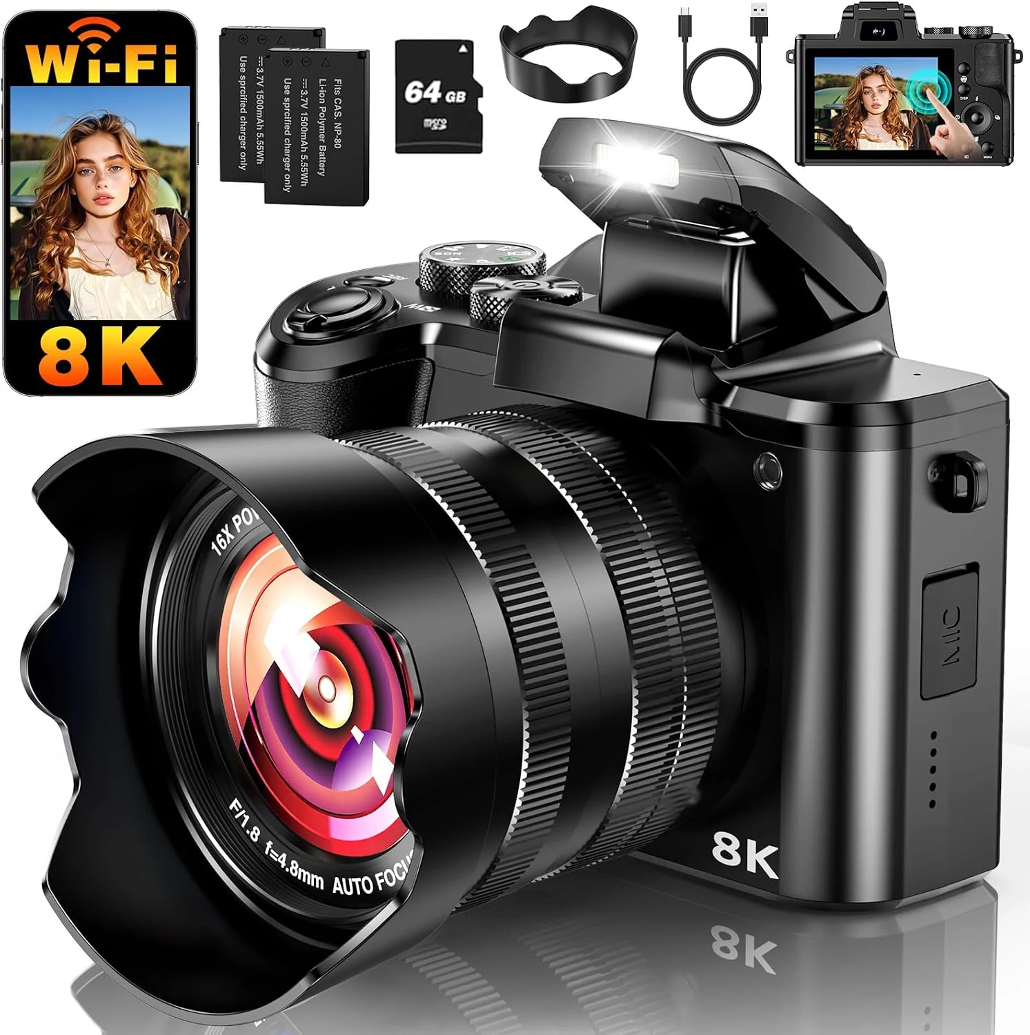 toberto 8K Digital Camera (88MP WiFi) with 3.2" Touchscreen