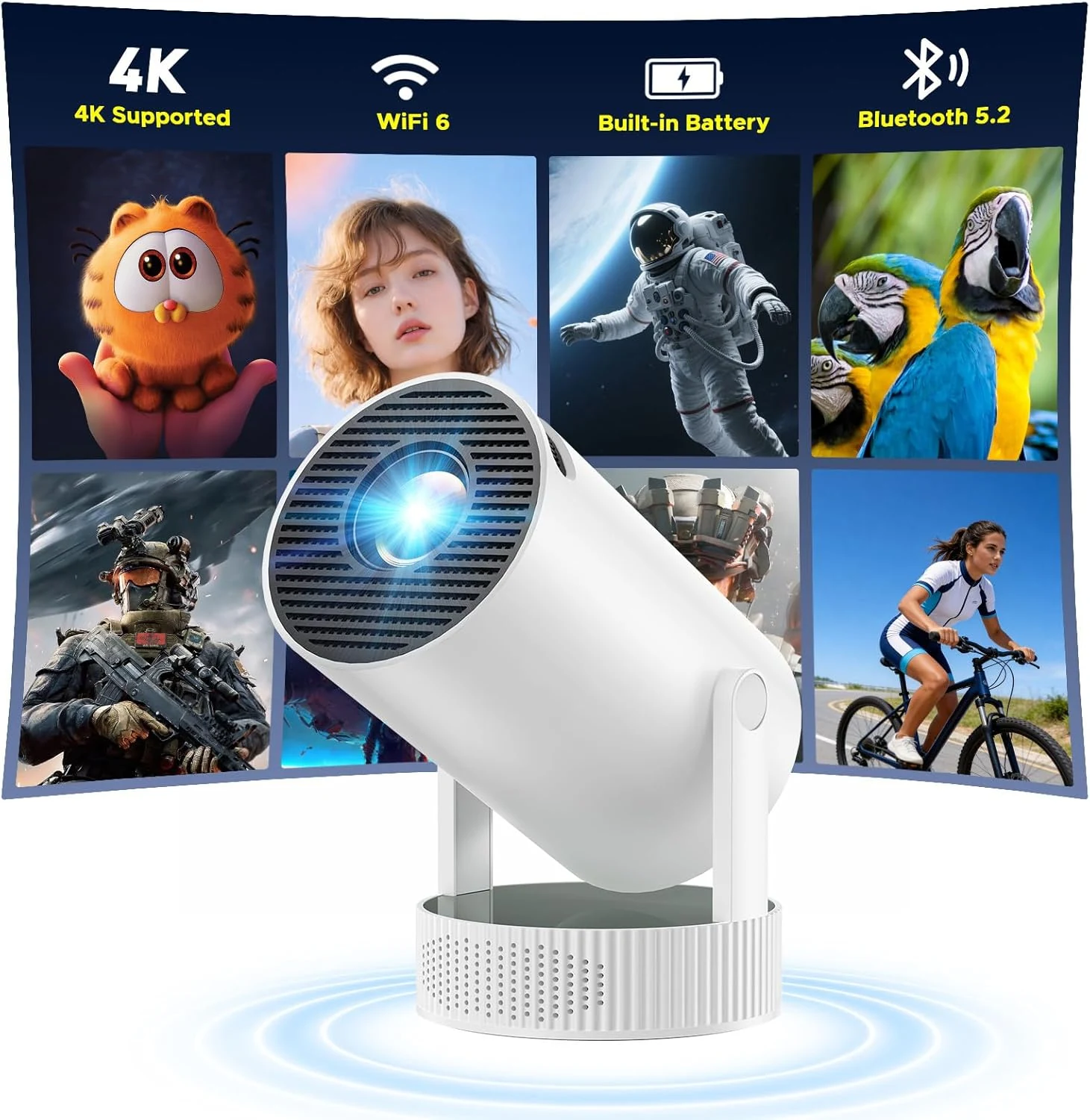 HOTPEAK Mini Projector with WiFi and Bluetooth, Built-in Rechargeable Battery Support