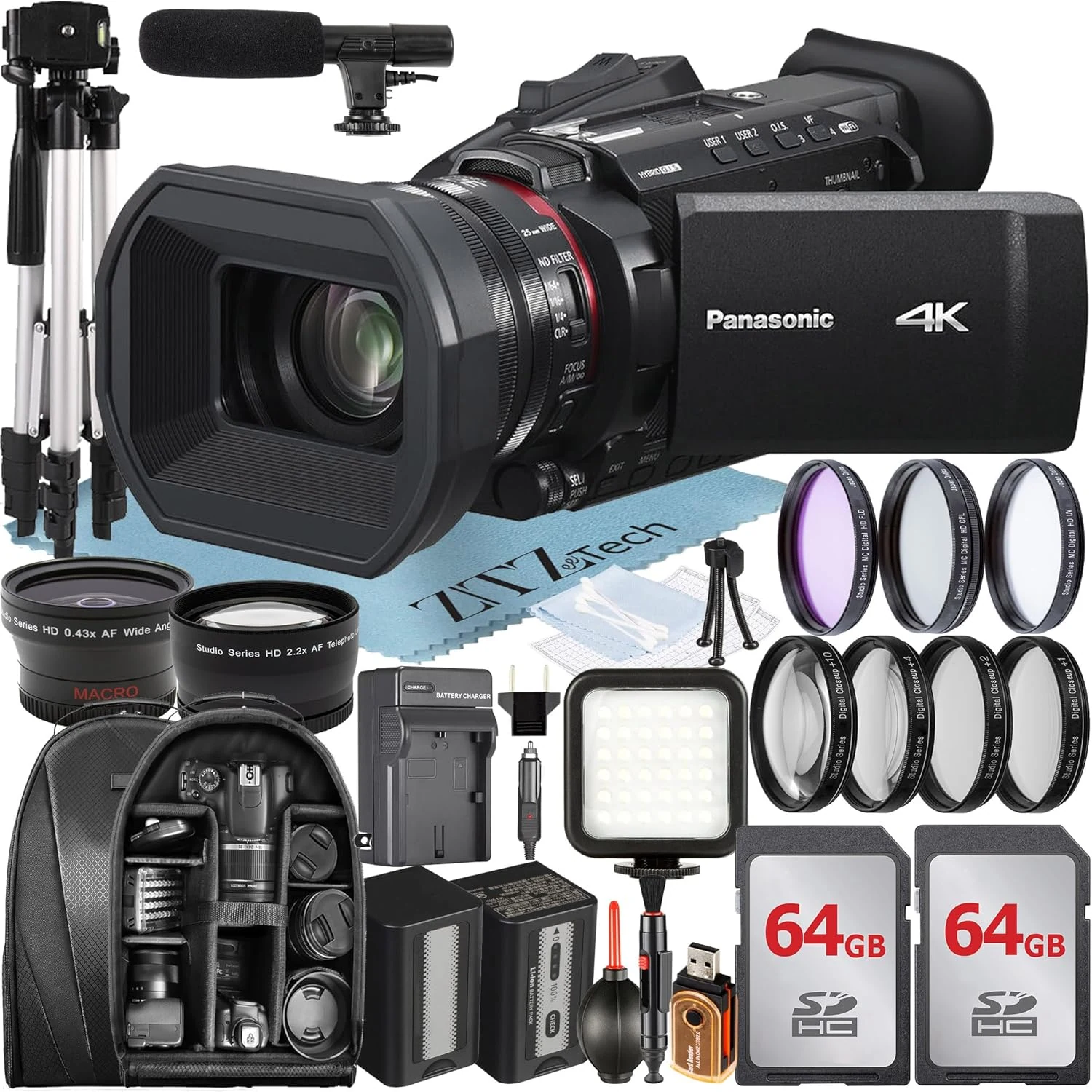 Panasonic HC-X1600 Camcorder with 2 Pack 64GB Memory Card + Backpack + LED Flash + Widgeangle Accessory Bundle