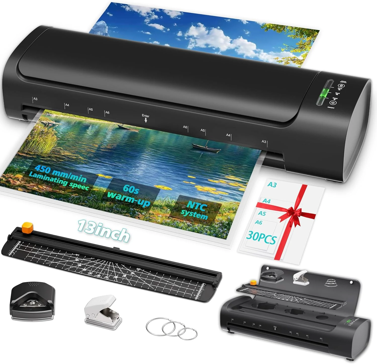 13 Inch Laminator Machine with 30 Laminating Sheets, A3 11-in-1 Hot & Cold Thermal Laminator