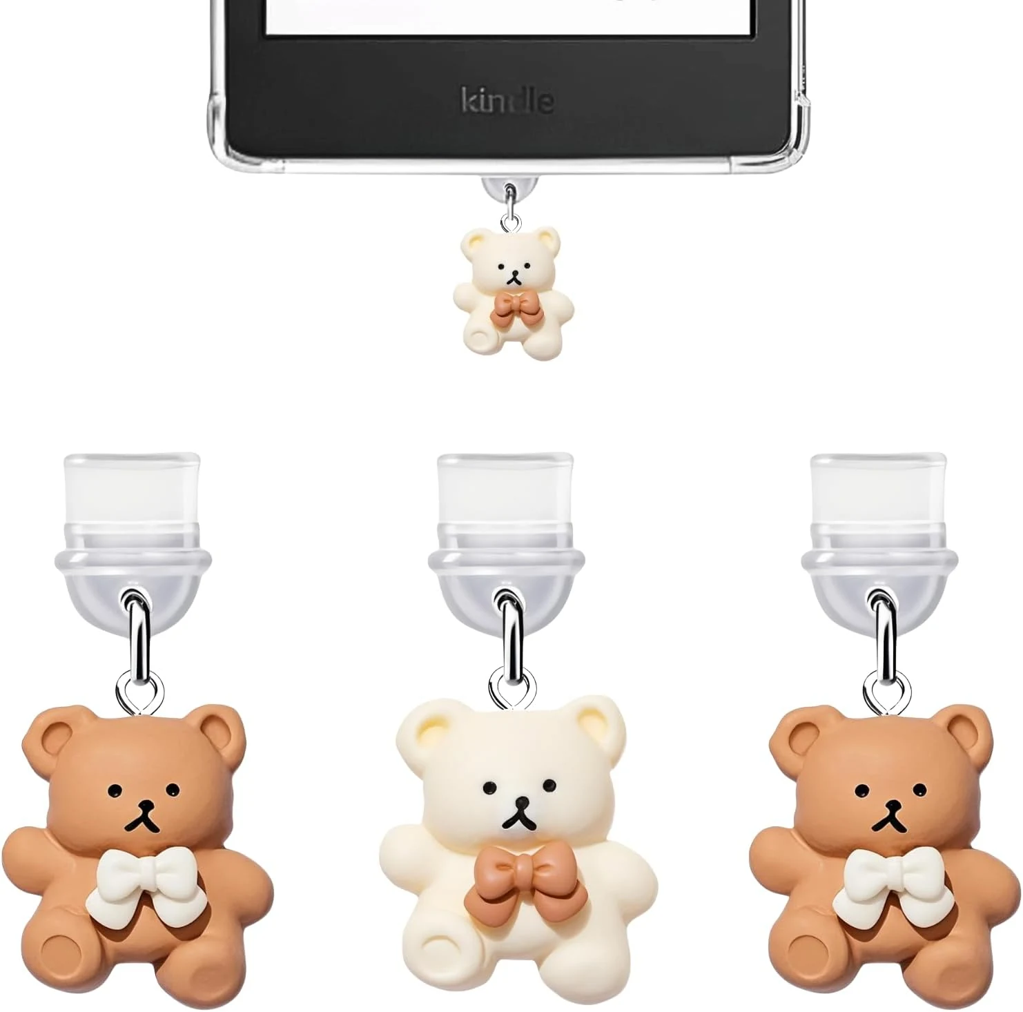 3Pcs Charms for Kindle, Dust Plug Charm Compatible with Kindle with Type C Charging Port, Coquette Gift for Book Lover Readers Men Women Teachers Students, Accessories for Kindle (Bear)