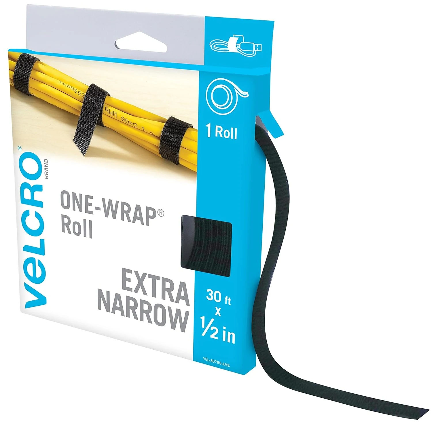 VELCRO Brand VEL-30765-AMS Extra Narrow Straps 1/2 in x 30ft Roll