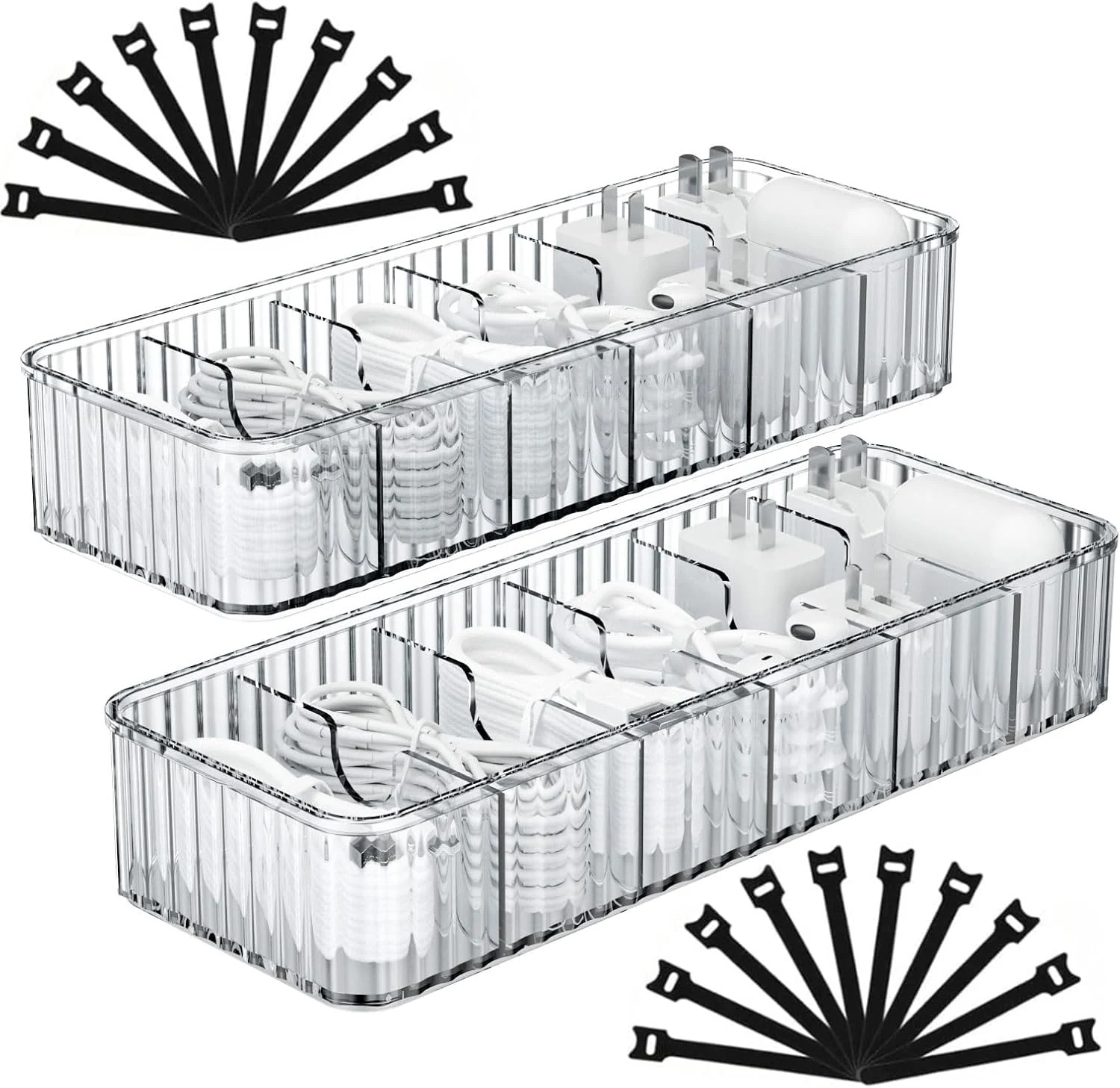 Tamomic Cable Storage Boxes Organizers 2 Pack, Cord Charger Storage Organizer Box Case with 20pcs Cable Ties, Stackable, Clear