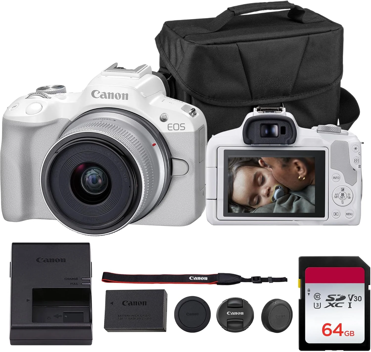 Canon EOS R50 Mirrorless Camera Kit – APS-C RF Camera with 18-45mm Lens, 4K Video, Dual Pixel AF II & Vari-Angle Touchscreen (5812C012) + Shoulder Bag + 64GB Memory Card