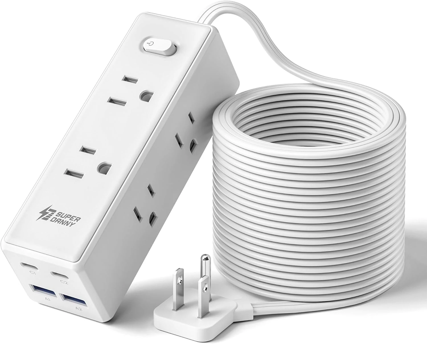 SUPERDANNY 15 Ft Extension Cord with Multiple Outlets, Long Extension with 6 Outlets 4 USB Ports (2 USB C)