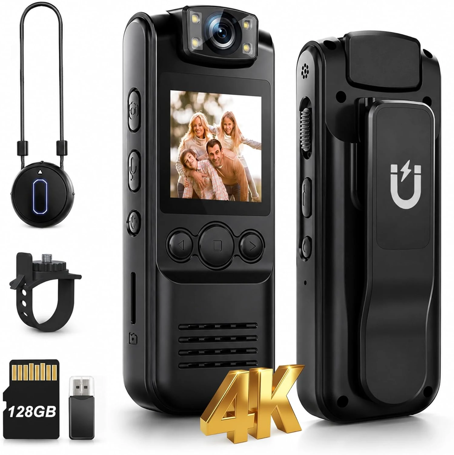 4K Body Camera with Audio and Video Recording, 128GB Wearable Mini Body Cam with Magnetic Clip