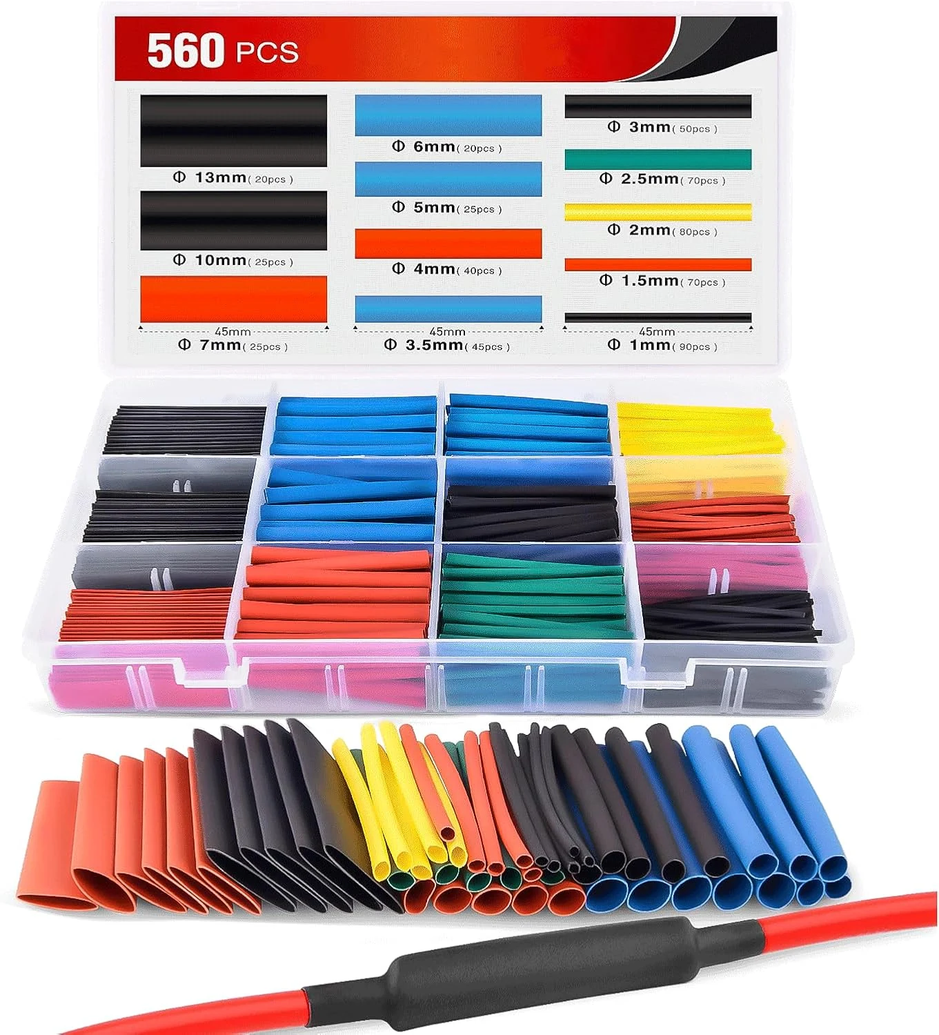 Nilight - 50005R Heat Shrink 2:1 Electric Insulation Tube Kit 45mm Flame Retardant Wrap Cable Sleeve 560pcs 5 Colors 12 Sizes with Storage Box