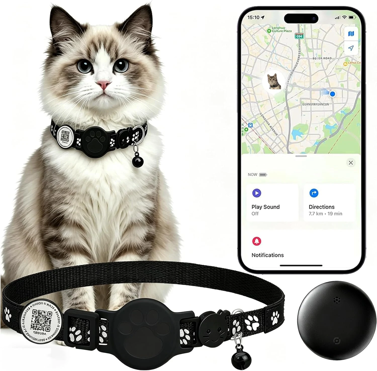 Cat Tracker with QR Code GPS Collar for Cats Electronic Pet Locator (Apple Find My)
