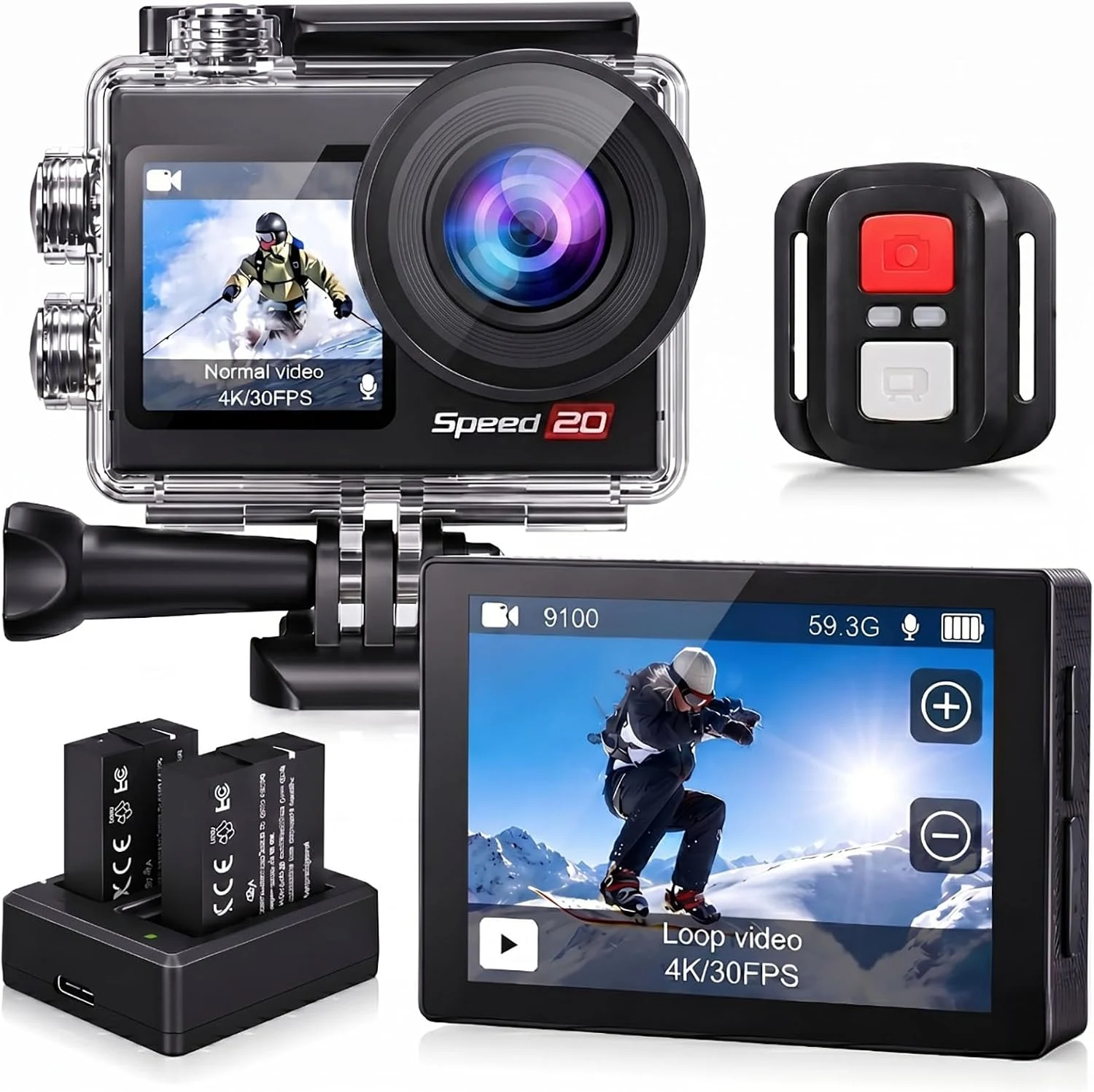 Hiicam Speed 20 Action Camera 4K Waterproof 20MP with Touch Screen (131ft)