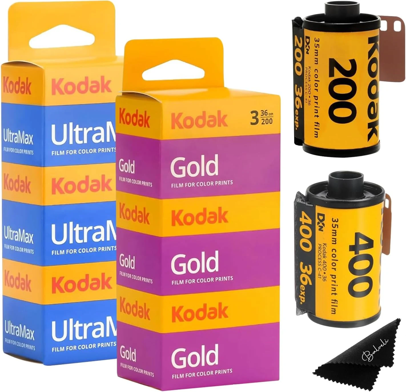Kodak Ultramax 400 & Gold 200 35mm Film Bundle - 6 Rolls (36exp Each) - Includes Balveli Microfiber Cloth