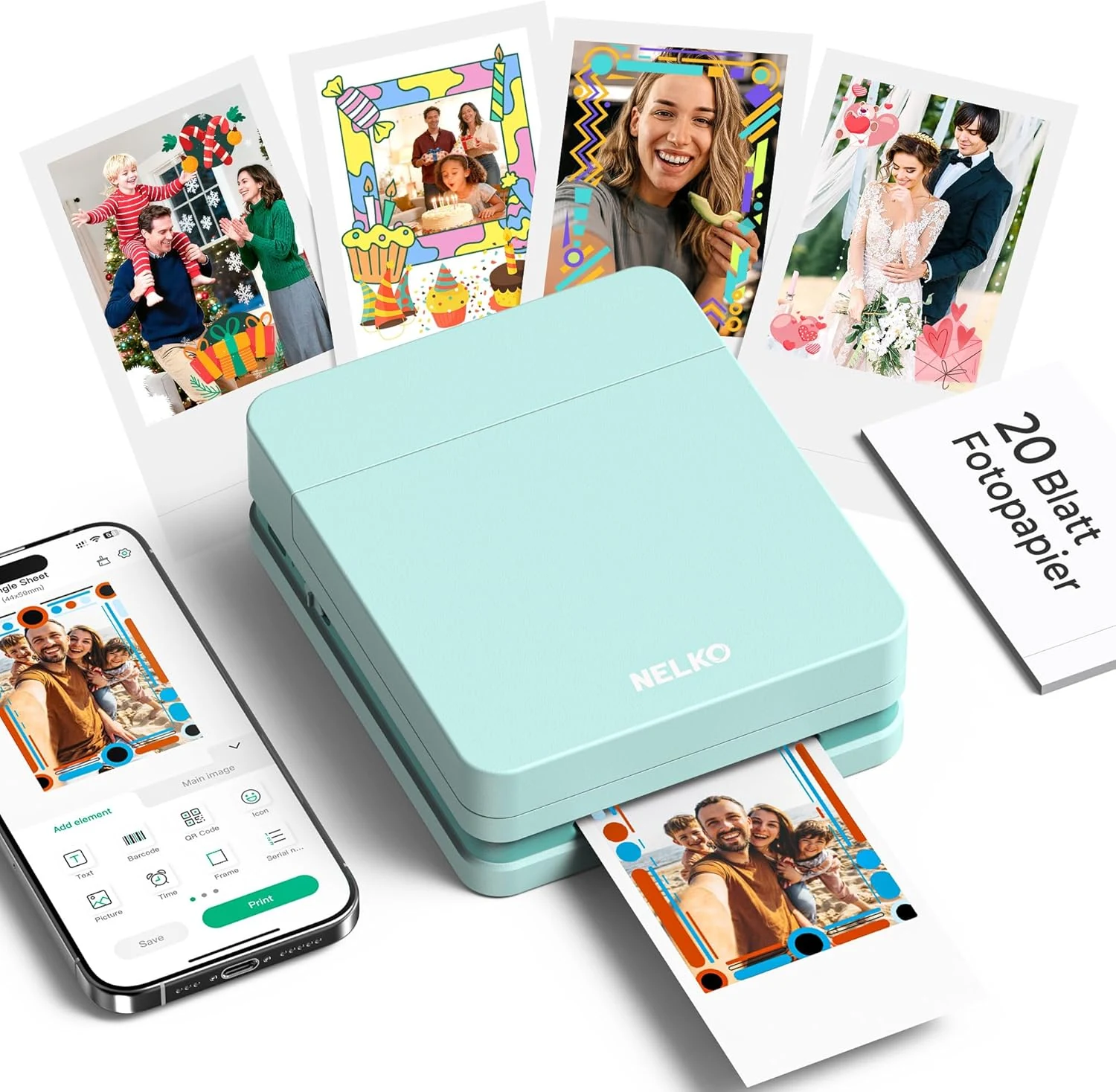 Nelko Photo Printer, 2x3 Portable Wireless Smartphone Printer, PP01 Mini Color Instant Inkjet Printer, Sticky-Back Photos, Bluetooth Compatible with iOS & Android, App Editing, Green