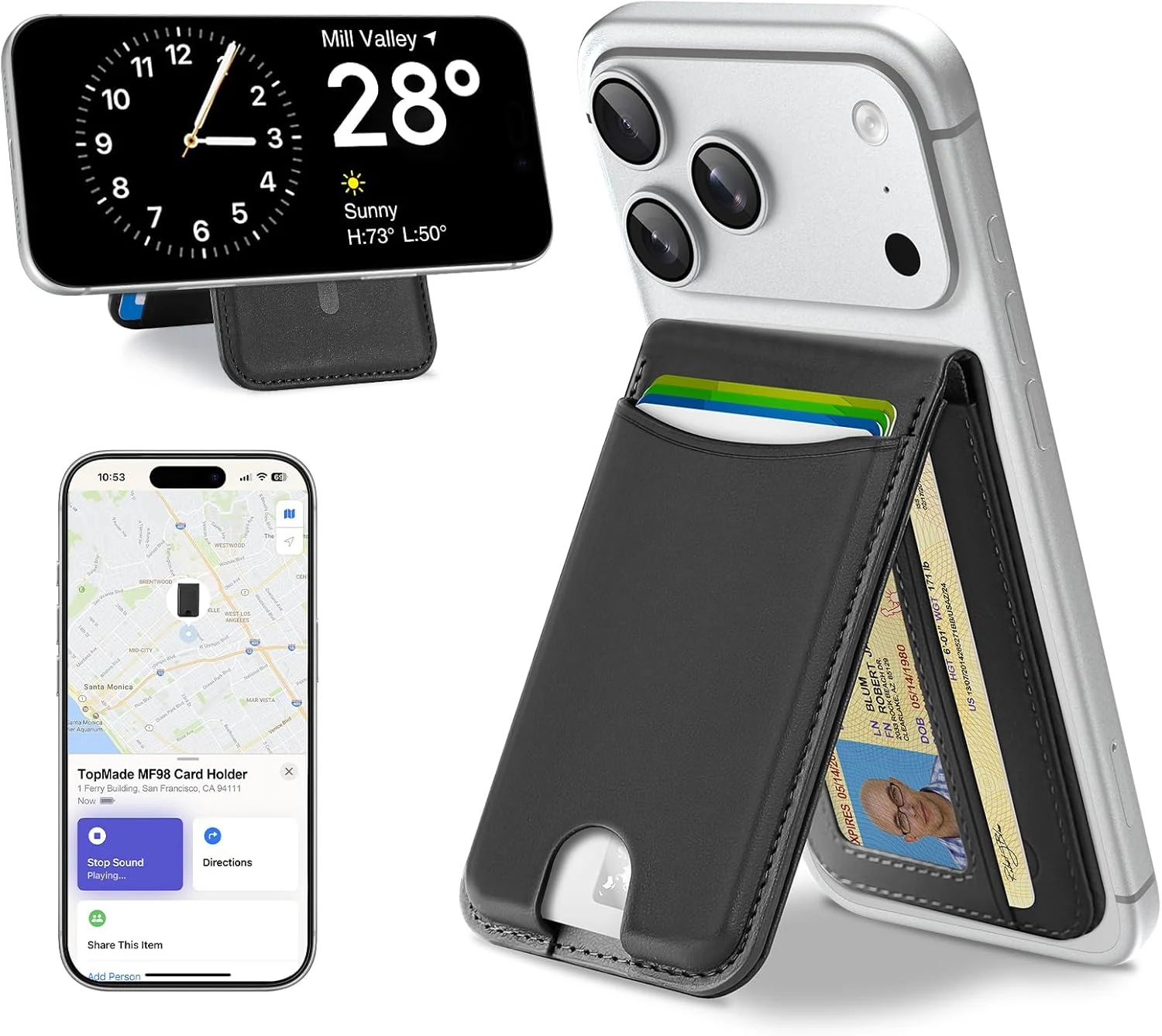 TopMade for MagSafe Wallet, Works with Apple Find My, Strongest Magnetic Wallet with Stand, 6 Card Holder, RFID Blocking, Magnetic Card Holder for iPhone 17/16/15/14/13/12 Series, Rechargeable, Black