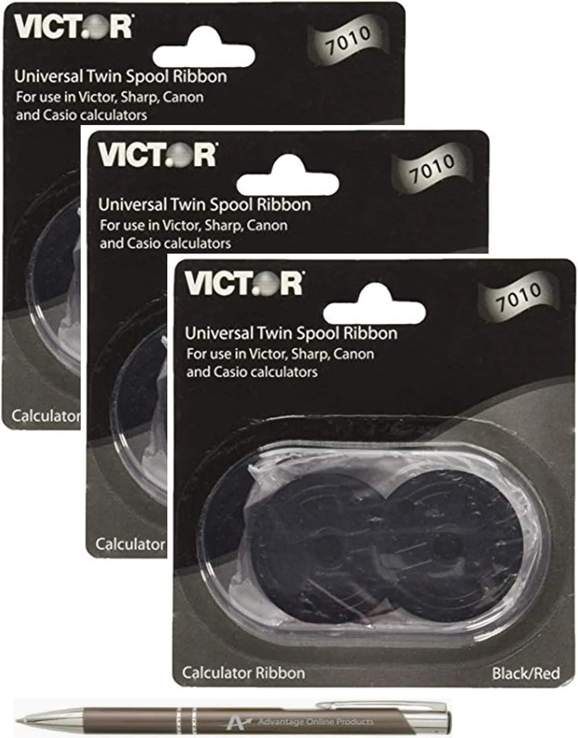 Genuine Victor 7010 Black and Red Ribbons for Aurora, Canon, Casio, Innovera, Sharp, TI and Victor Calculators (Bundle of 3)