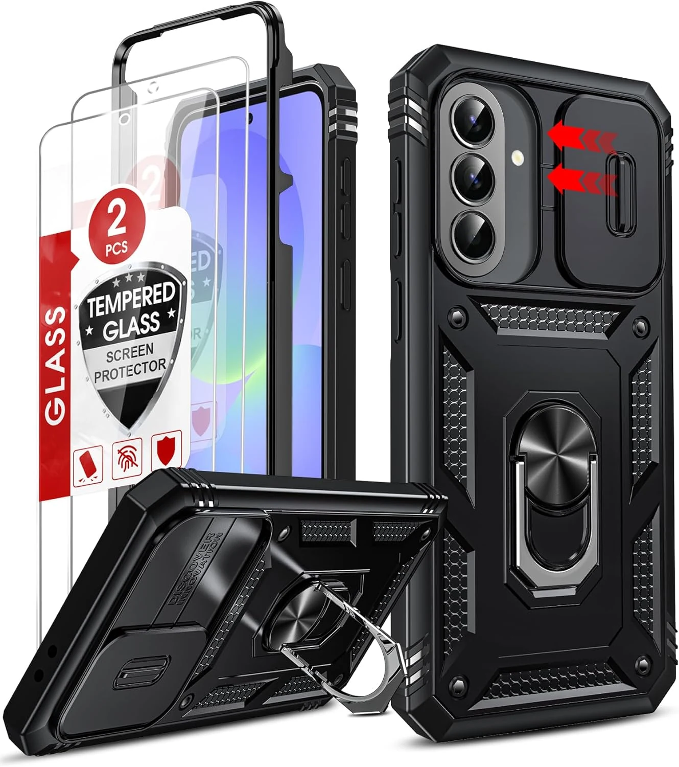 LeYi for Samsung Galaxy A37-5G Phone Case: Samsung Galaxy A37 5G Case with [2 Packs] Screen Protector, Slide Camera Cover Magnetic Kickstand Military-Grade para Basic Cell Samsung A 37 5G Cover, Black