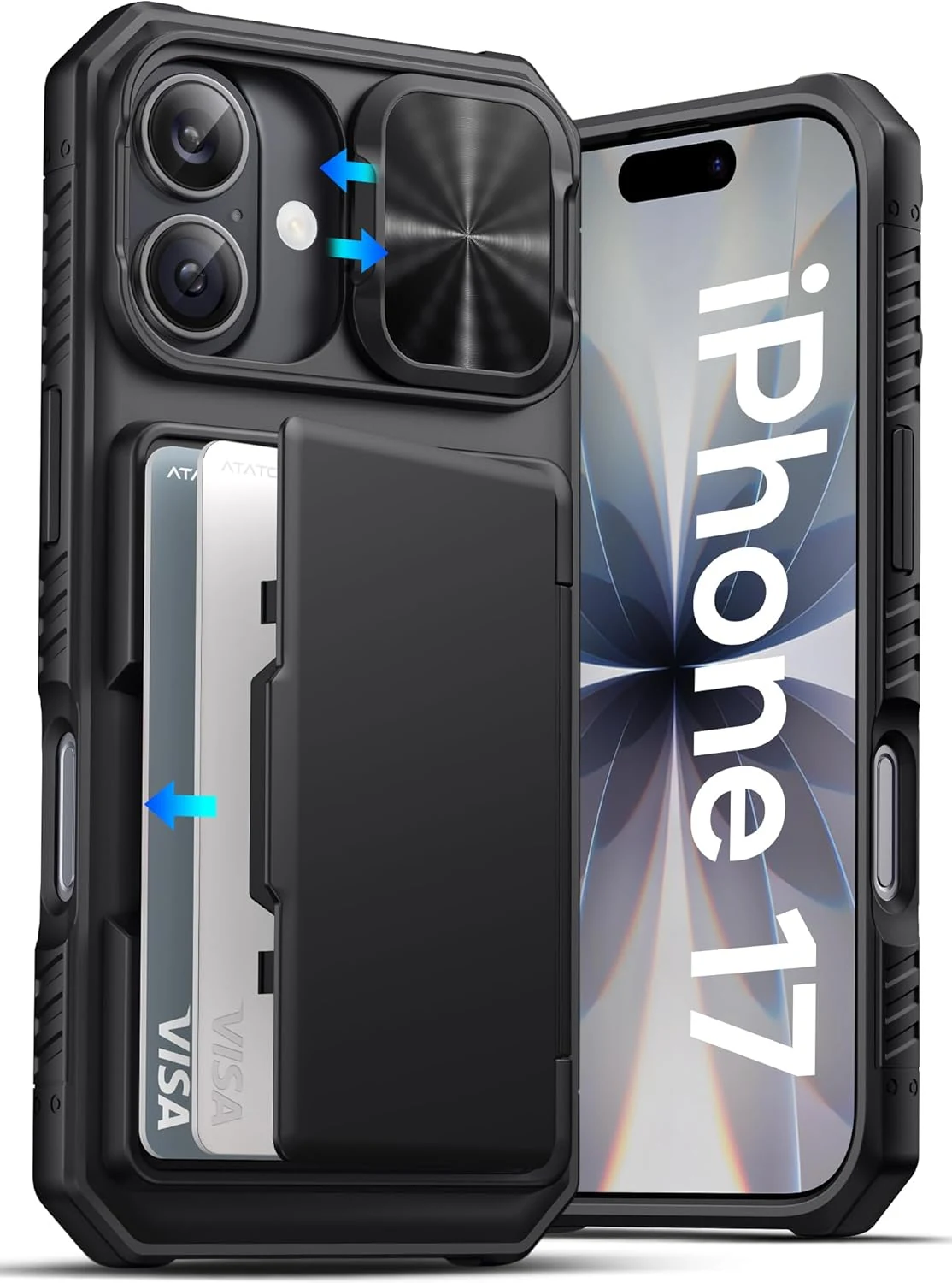 ATATOO for iPhone 17 Case Wallet, Built-in Card Holder (3-5 Cards) & Slide Camera Cover & [RFID Blocking], Military Grade Protection, Rugged Protective Phone Cover Case for iPhone 17 6.3" 2025, Black