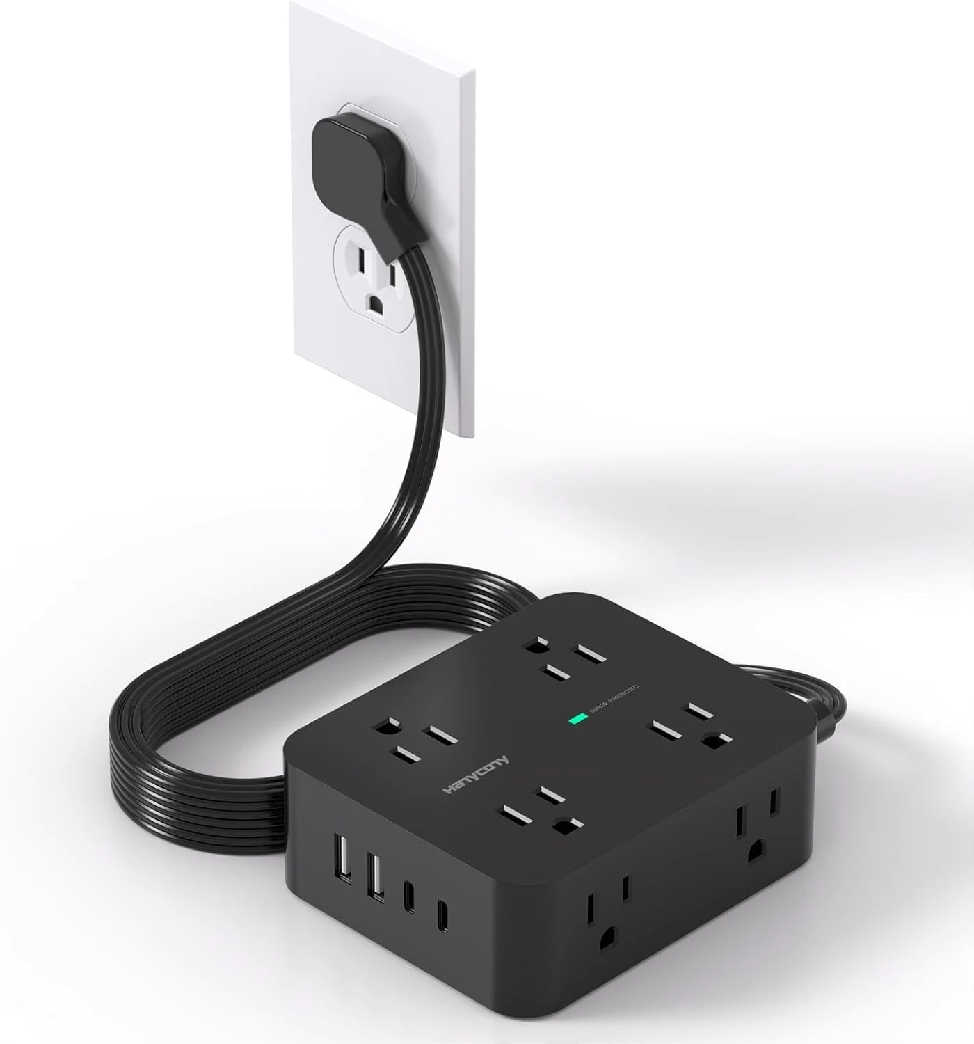 Power Strip Surge Protector, HANYCONY 5Ft Ultra Thin Flat Extension Cord with Multiple Outlets (8 AC + 4 USB Ports)
