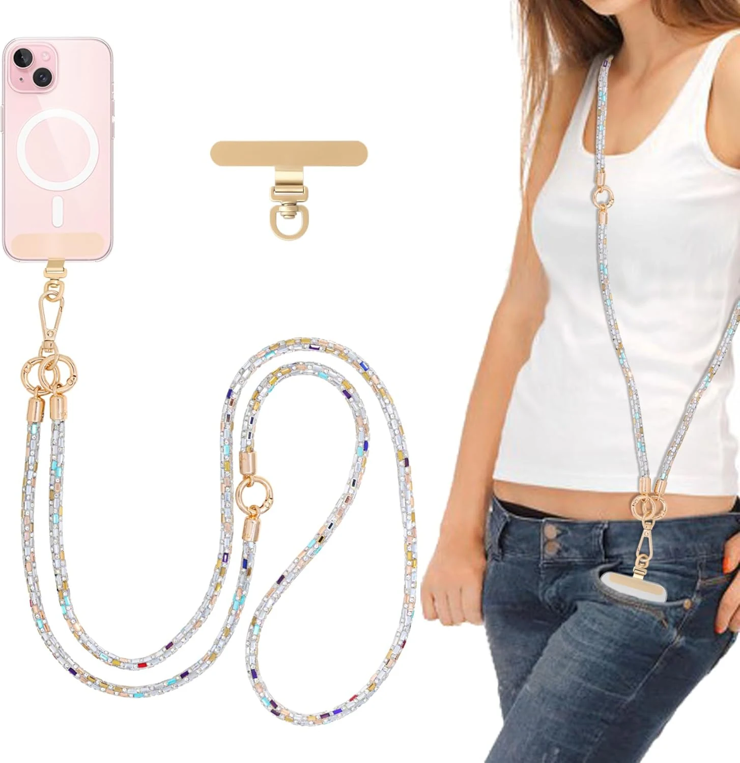 Crystal Phone Strap Crossbody Rhinestone Anti Theft Layered Strap Crossbody Gold Metal Buckles Cell Phone Neck for Women (Colour)
